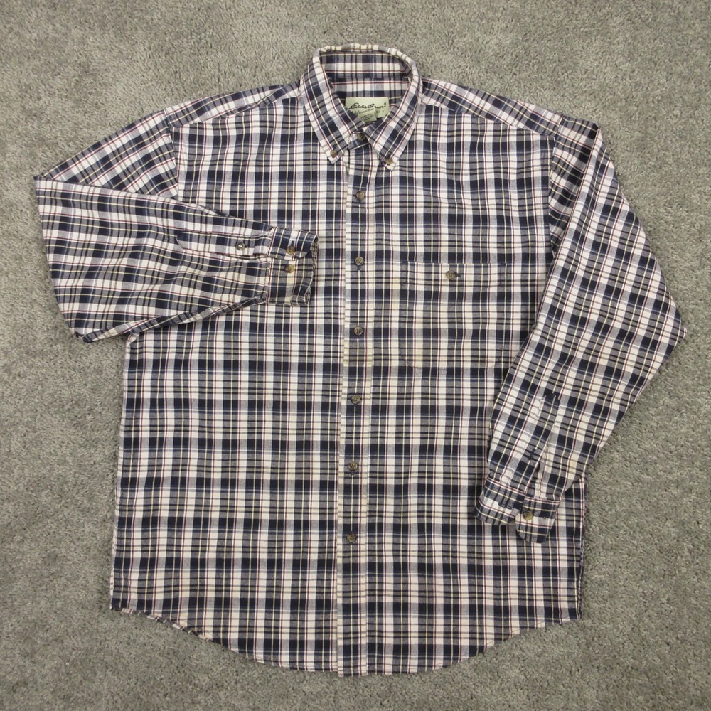 Vintage Eddie Bauer Shirt Mens Medium Blue Plaid Heavyweight‎ Workwear Oxford